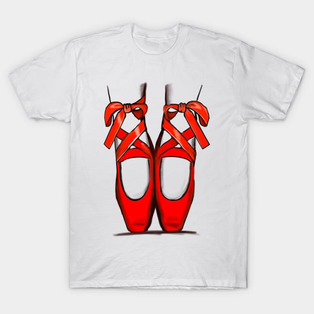 Ballet shoes - red ballet pointe shoes with ribbon laces T-Shirt by Artonmytee